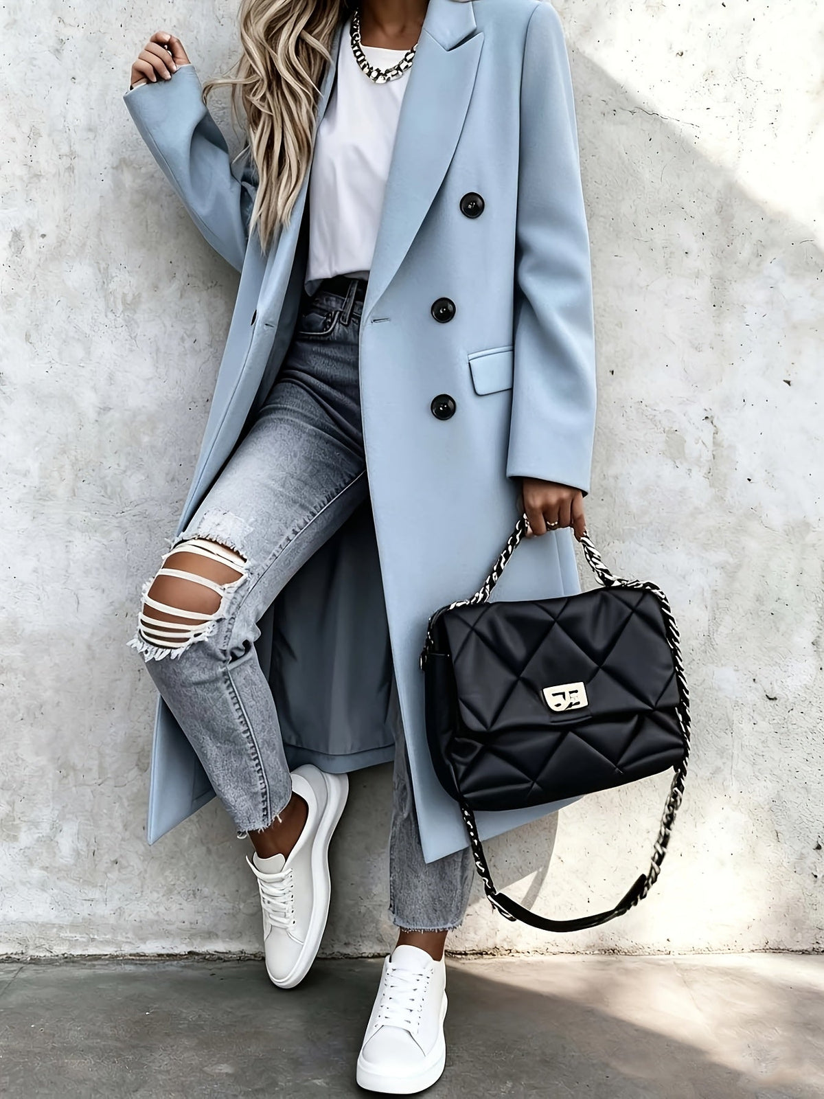 Genevieve | Women's Longline Double Breasted Coat with Notch Lapel