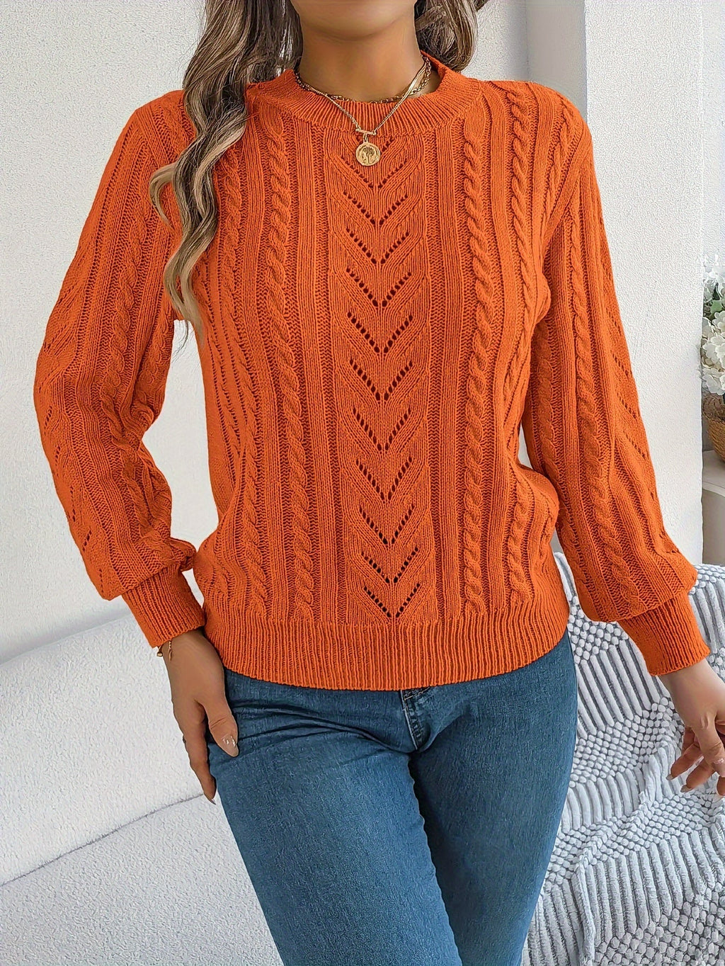 Elspeth | Women's Pointelle Cable Knit Crew Neck Sweater