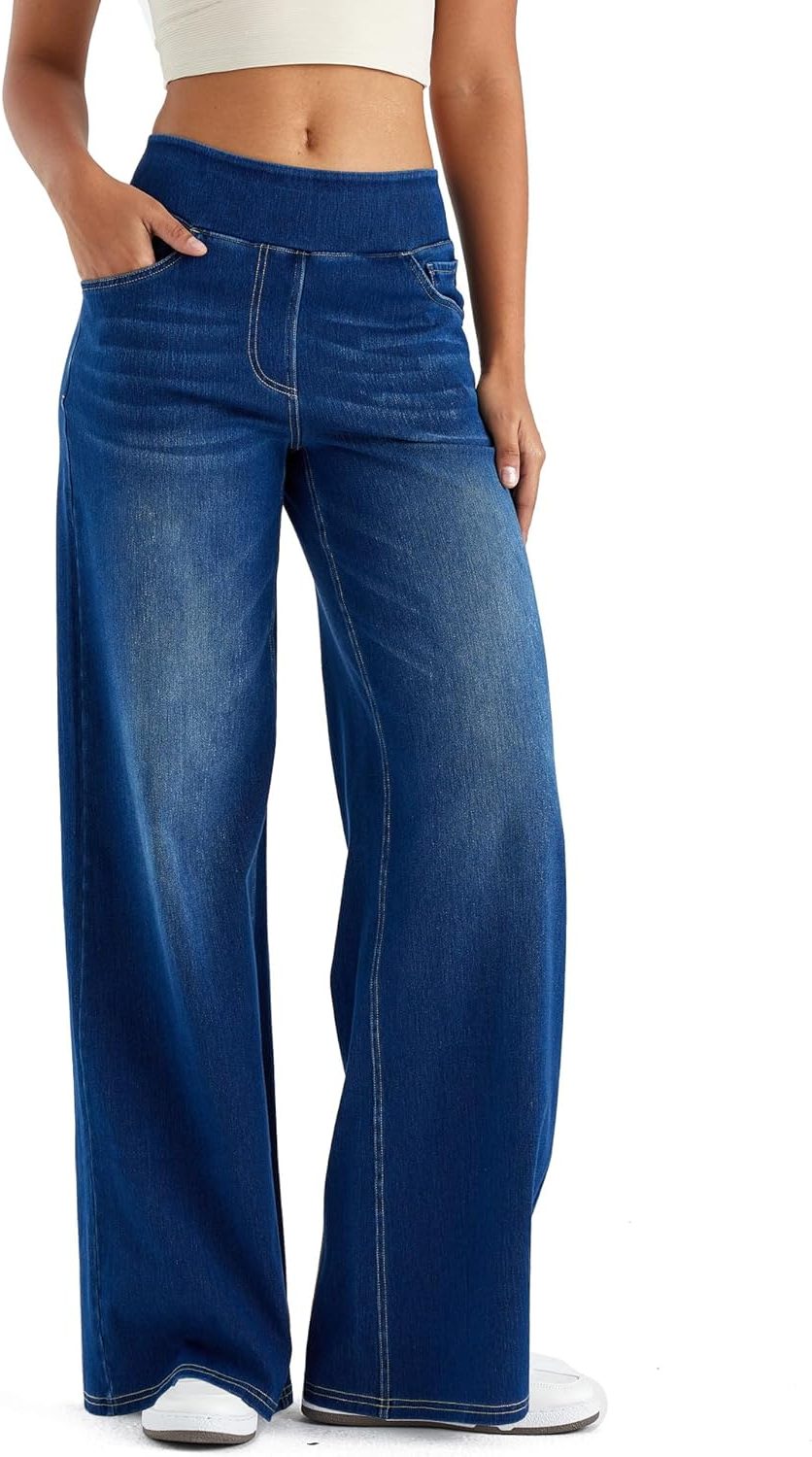 Marisol | Women's High Waisted Fleece Lined Wide Leg Pull On Jeans