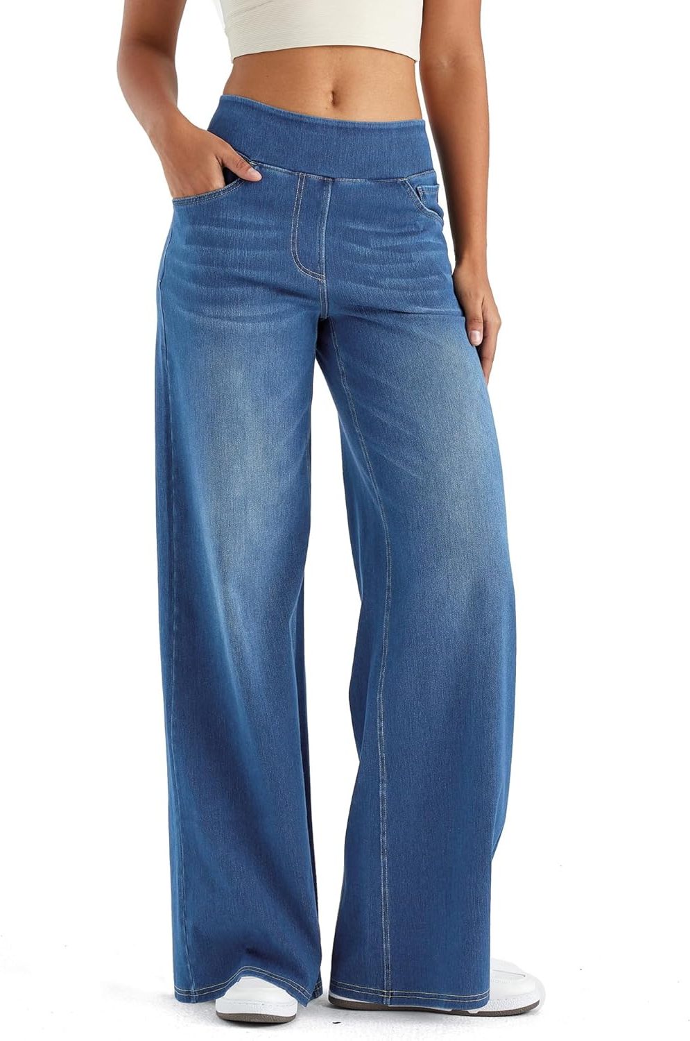 Marisol | Women's High Waisted Fleece Lined Wide Leg Pull On Jeans