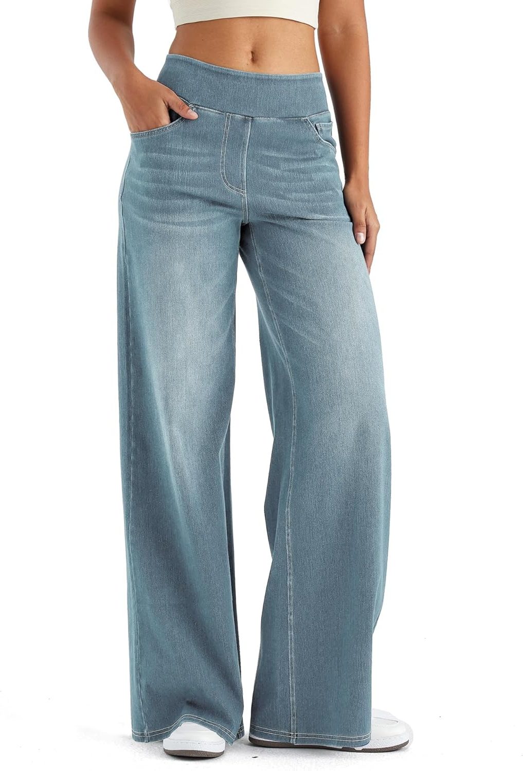 Marisol | Women's High Waisted Fleece Lined Wide Leg Pull On Jeans