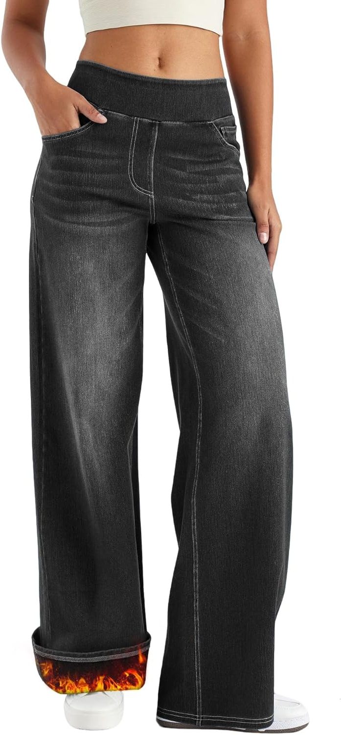 Marisol | Women's High Waisted Fleece Lined Wide Leg Pull On Jeans