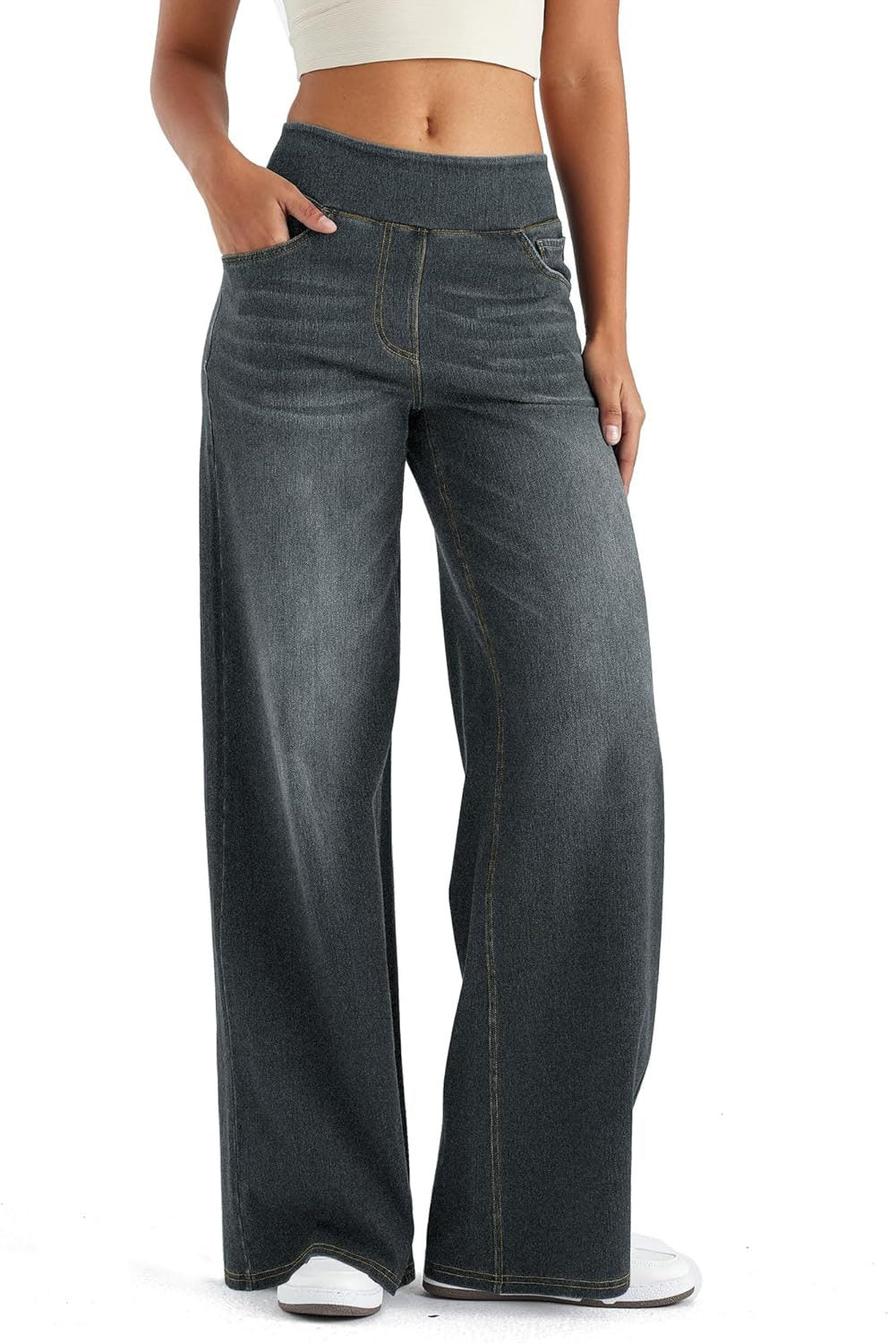 Marisol | Women's High Waisted Fleece Lined Wide Leg Pull On Jeans
