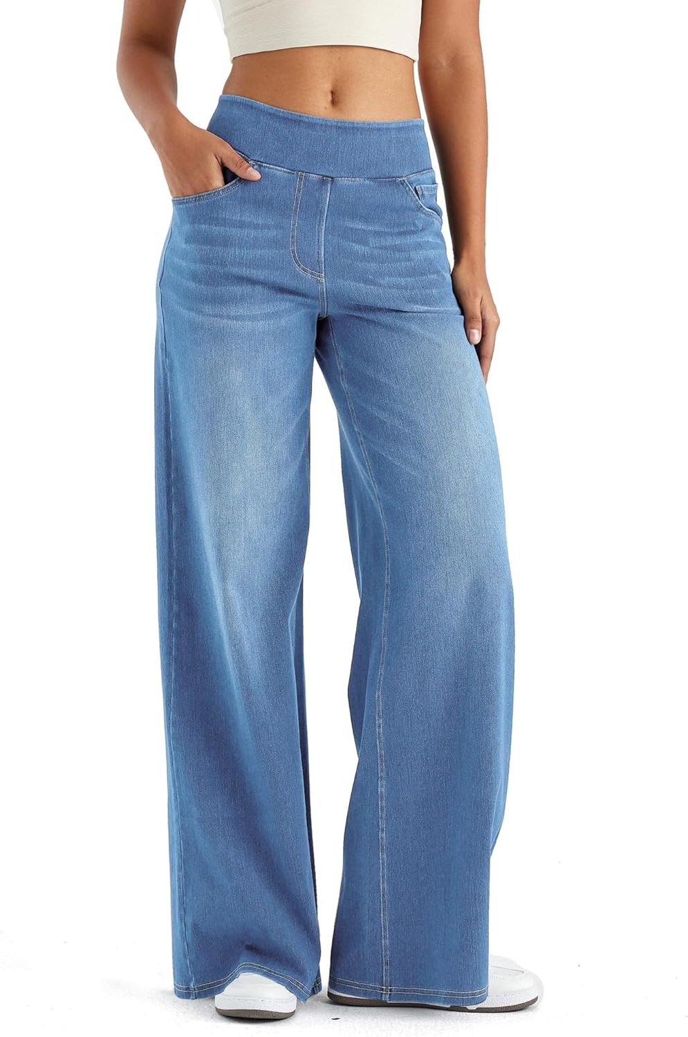 Marisol | Women's High Waisted Fleece Lined Wide Leg Pull On Jeans
