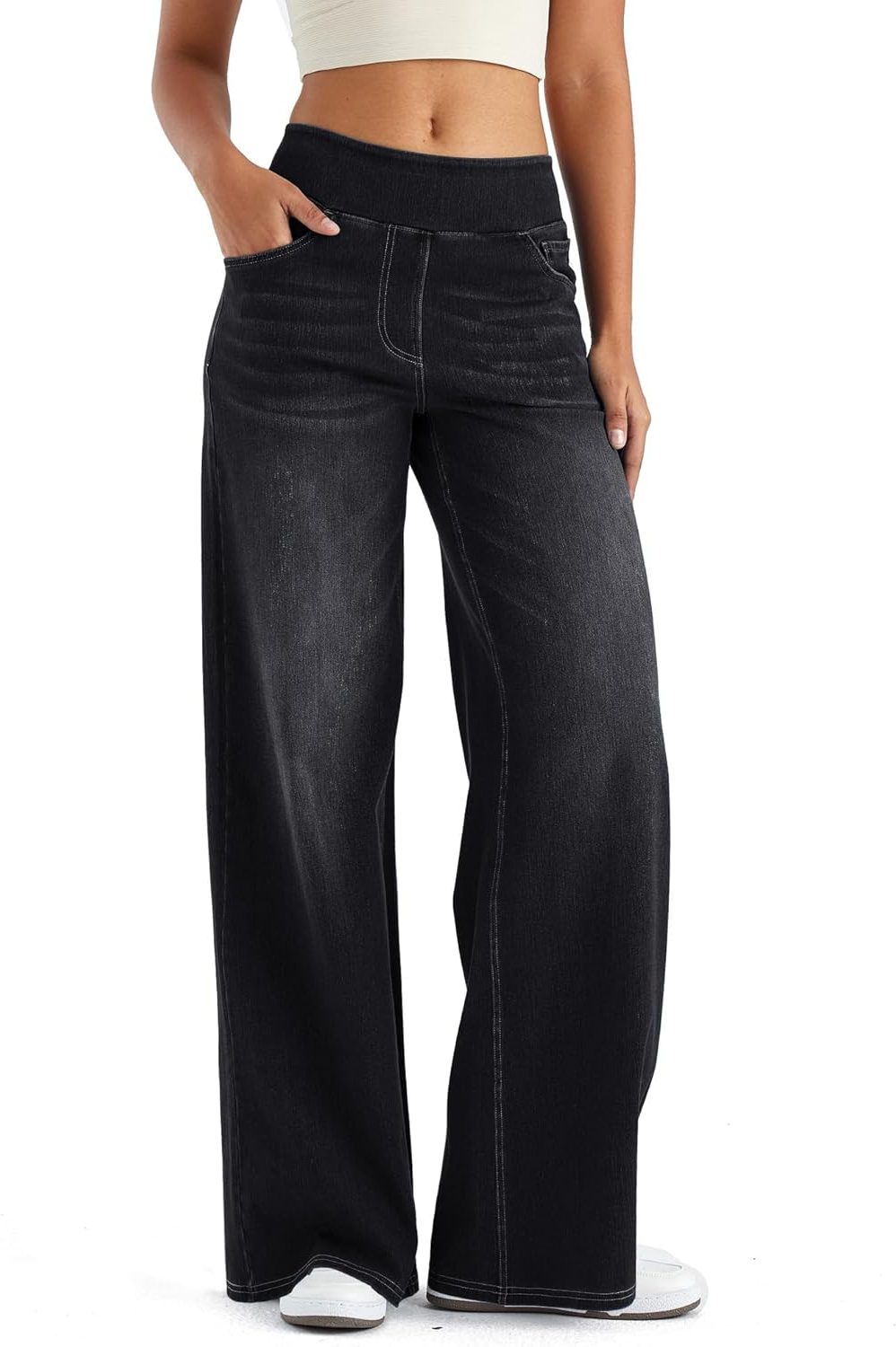 Marisol | Women's High Waisted Fleece Lined Wide Leg Pull On Jeans