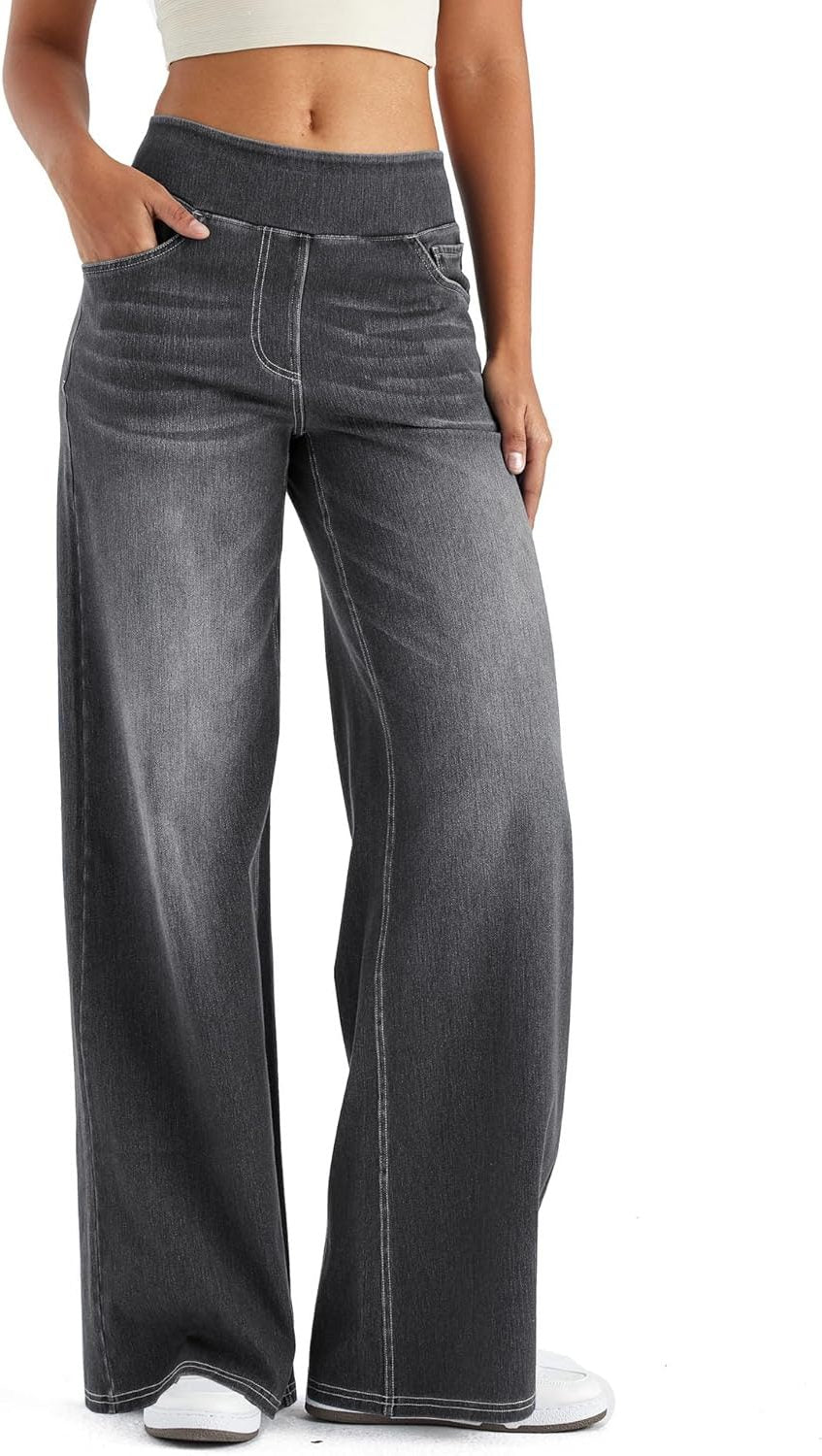 Marisol | Women's High Waisted Fleece Lined Wide Leg Pull On Jeans