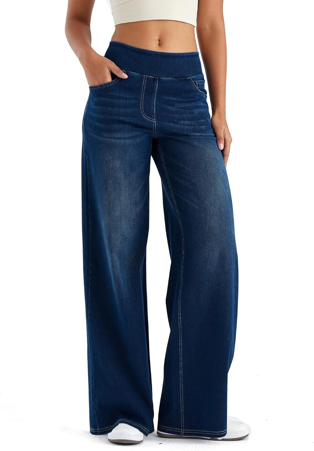 Marisol | Women's High Waisted Fleece Lined Wide Leg Pull On Jeans