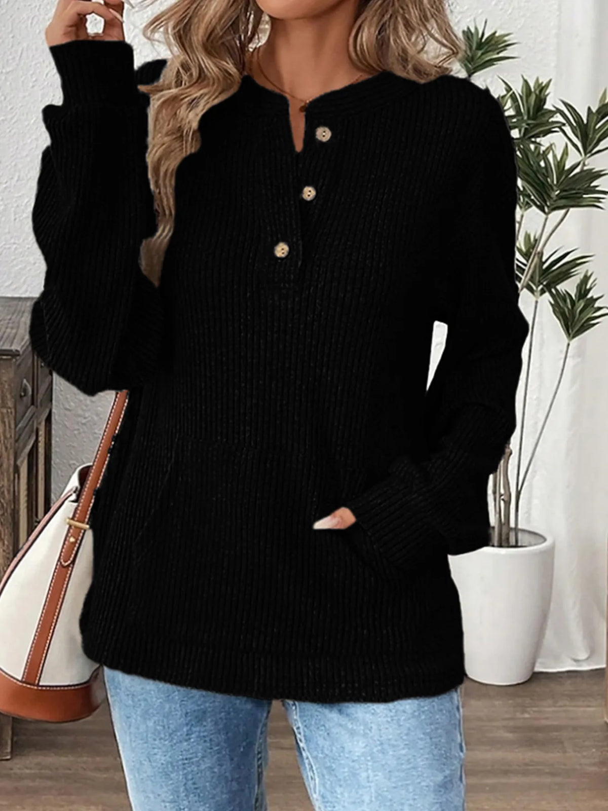 Delphine | Women’s Ribbed Knit Henley Sweater