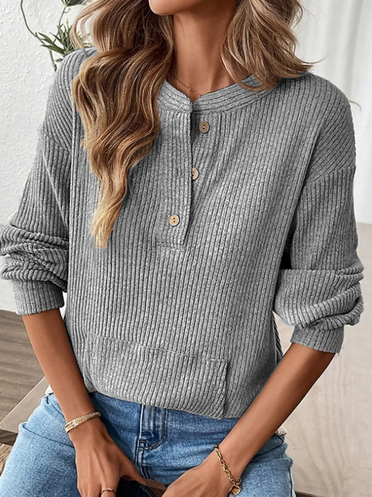 Delphine | Women’s Ribbed Knit Henley Sweater