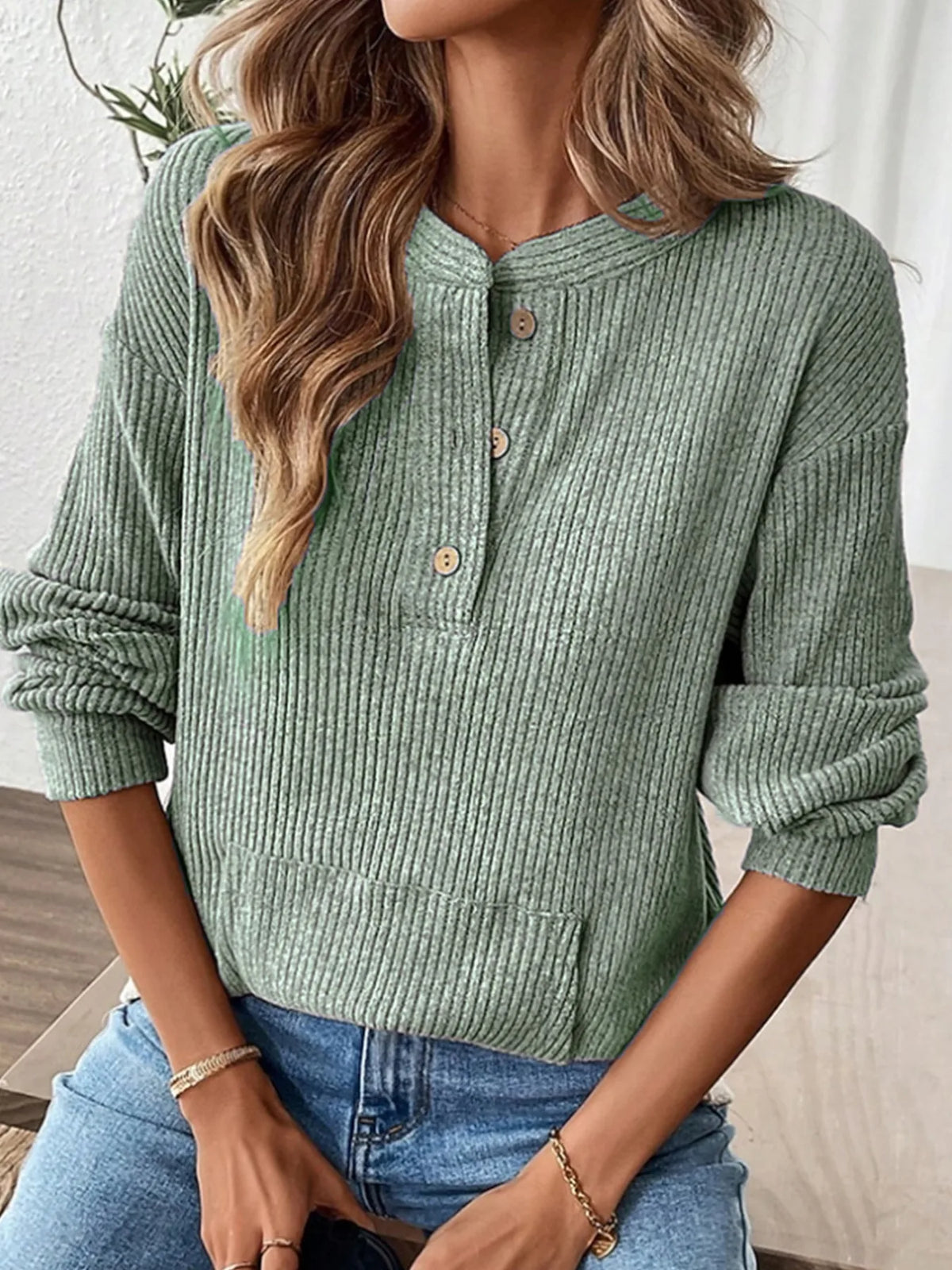 Delphine | Women’s Ribbed Knit Henley Sweater