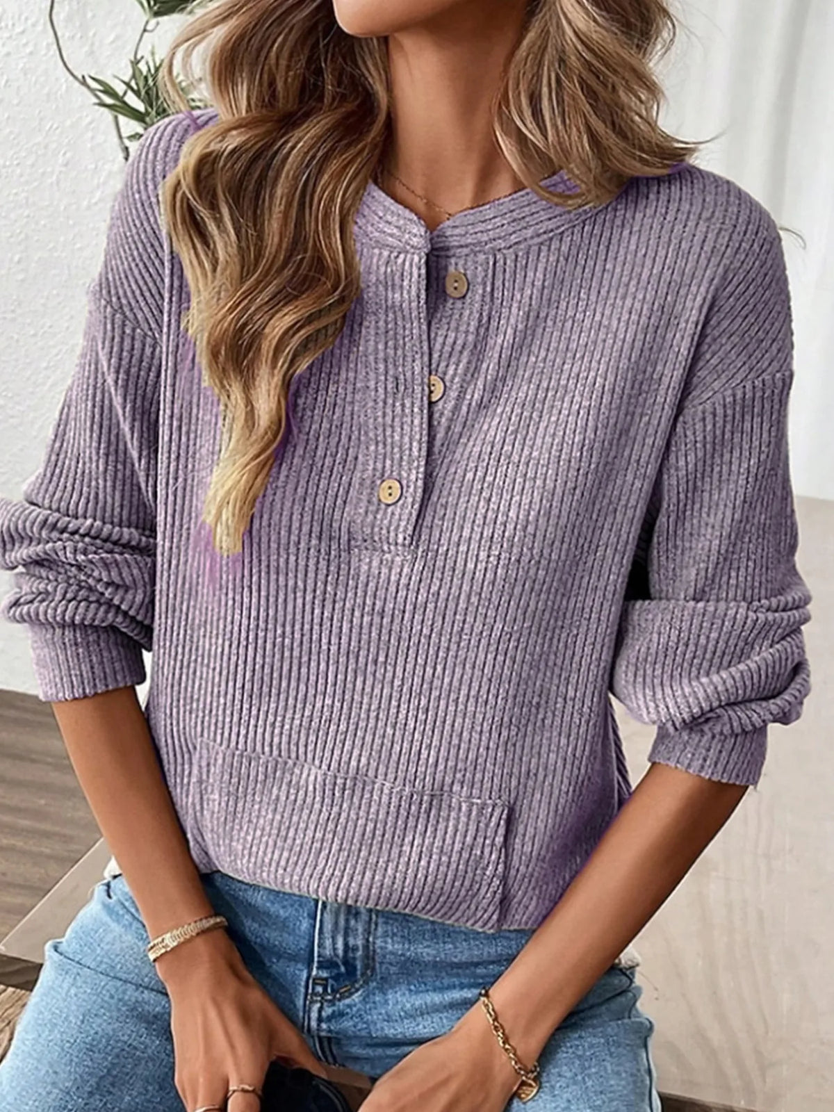 Delphine | Women’s Ribbed Knit Henley Sweater