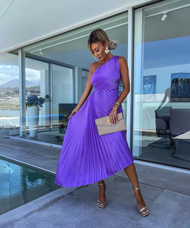 Purple Pleated One-Shoulder Homecoming Dress