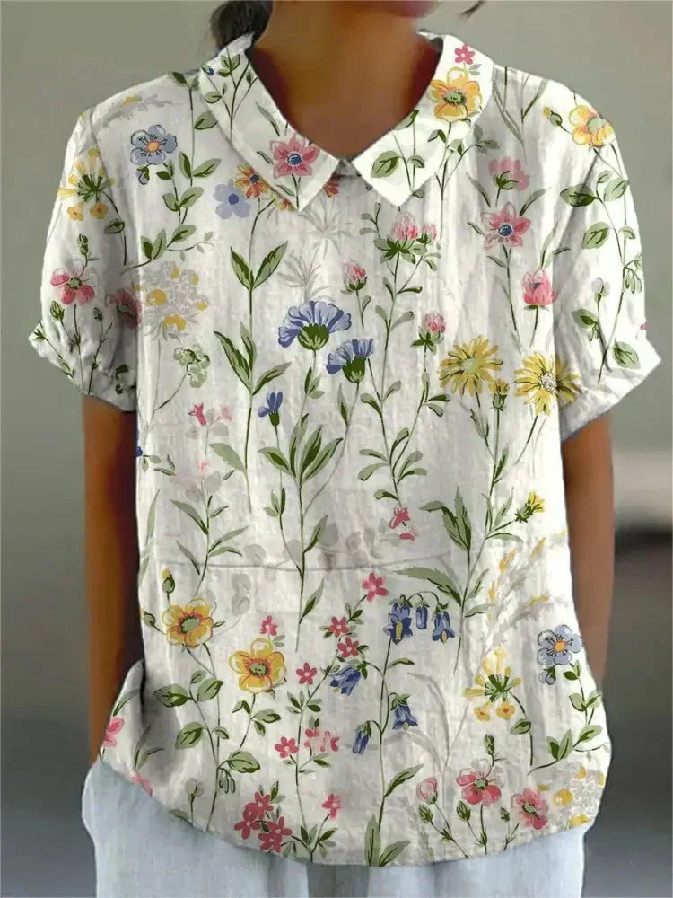 Embroidered Floral Vine Peter Pan Collar Linen Blouse