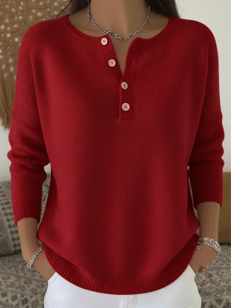 Tamsin | Women's Ribbed Henley Sweater with Button Placket