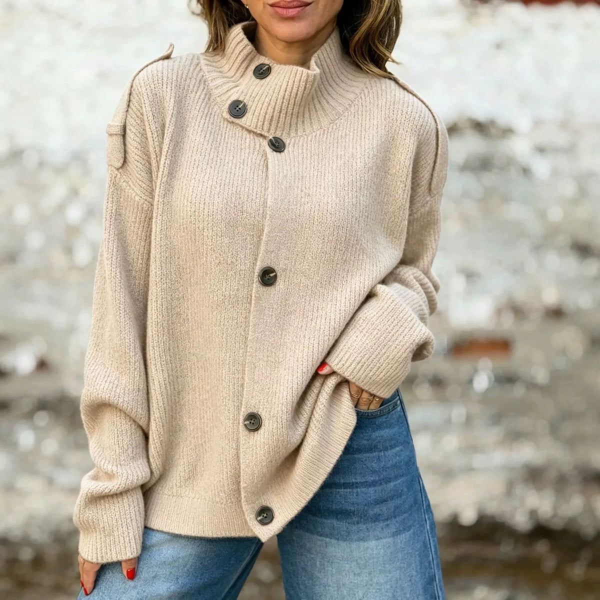 Tamsin | Women’s Button Up Oversized Knit High Neck Cardigan