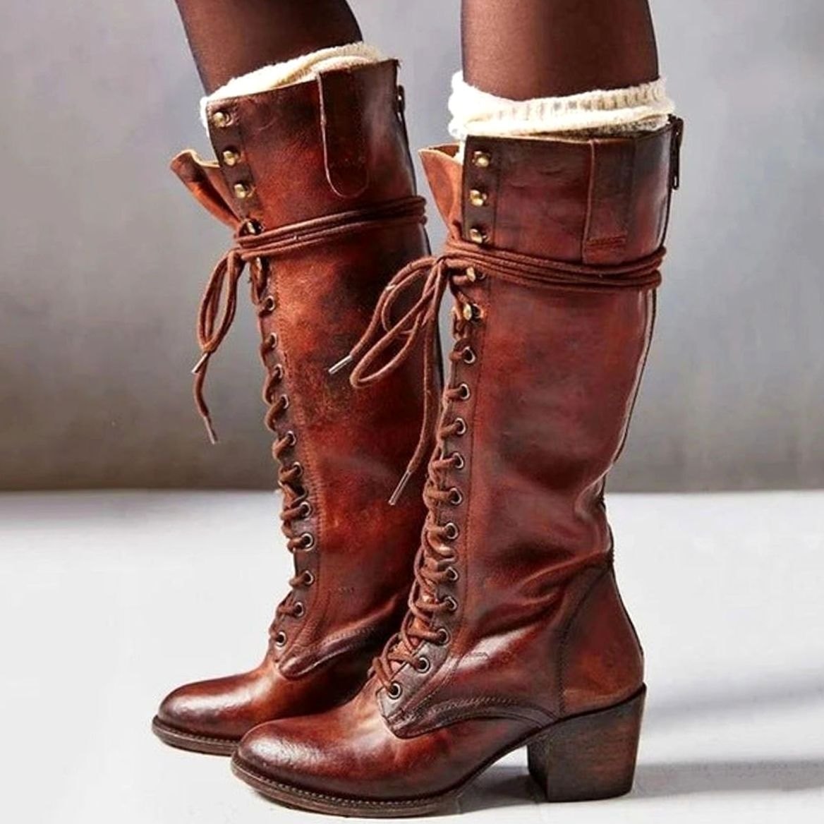 Perdita | Women’s Victorian Lace Up Knee High Block Heel Boots