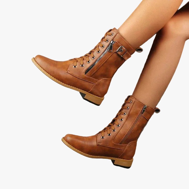 Tatiana | Women's Faux Leather Zip and Lace Up Mid Calf Combat Boots