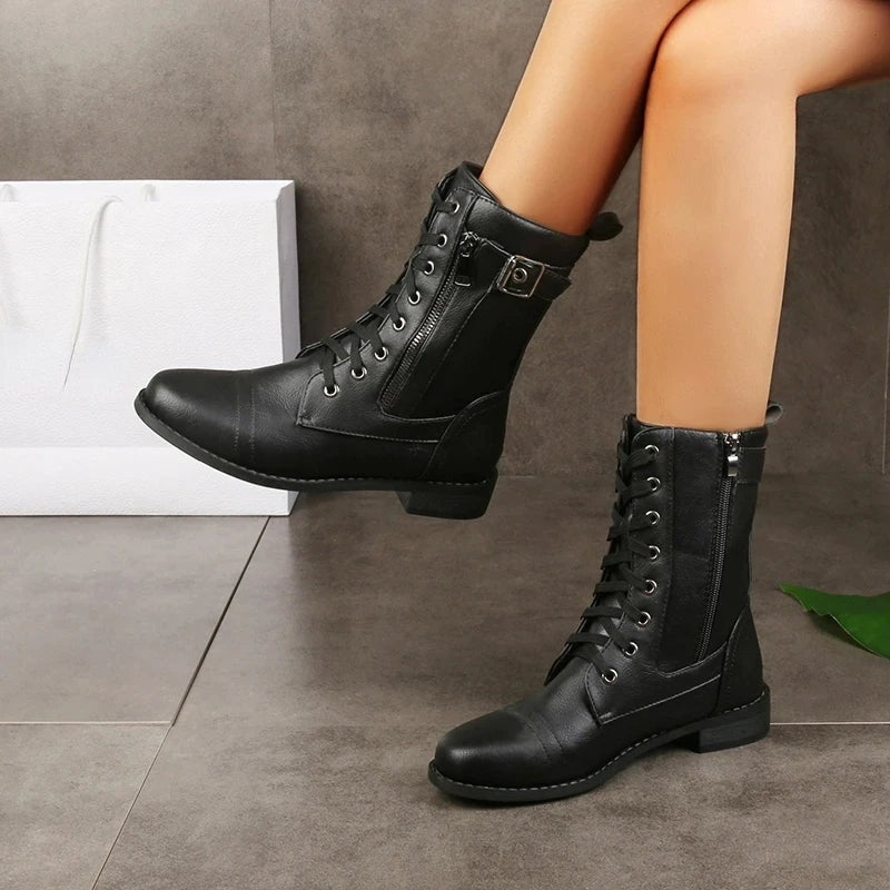 Tatiana | Women's Faux Leather Zip and Lace Up Mid Calf Combat Boots