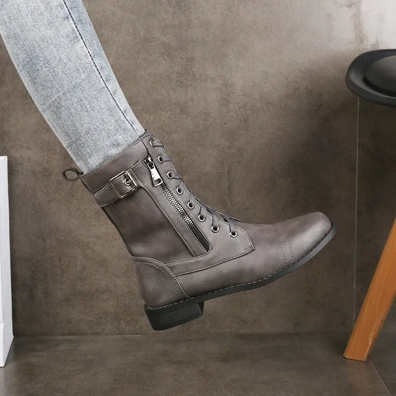 Tatiana | Women's Faux Leather Zip and Lace Up Mid Calf Combat Boots
