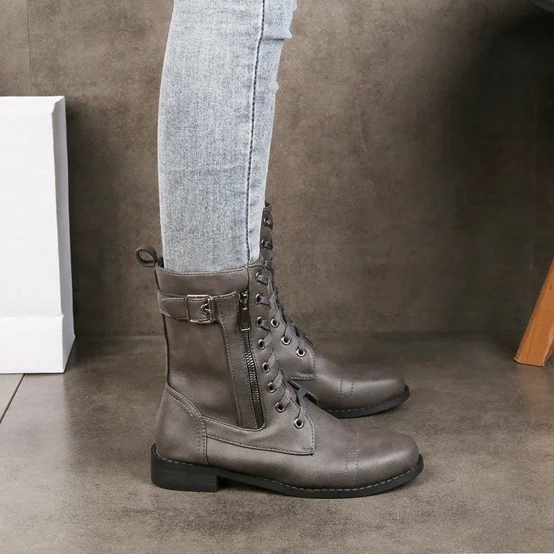 Tatiana | Women's Faux Leather Zip and Lace Up Mid Calf Combat Boots