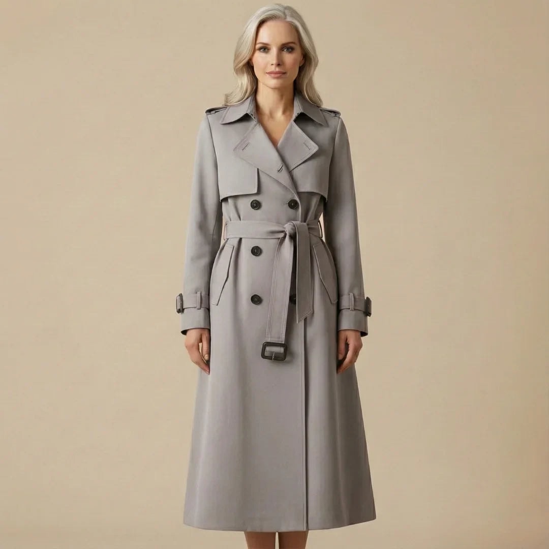 Philippa | Women's Long Trench Coat with Double Breasted Front and Belt