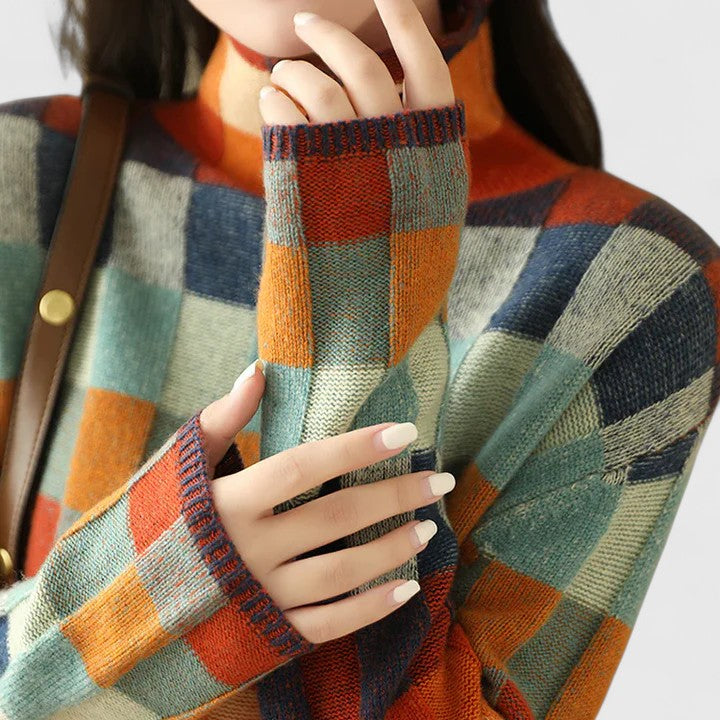 Marisol | Women's Multicolour Checkered Turtleneck Sweater