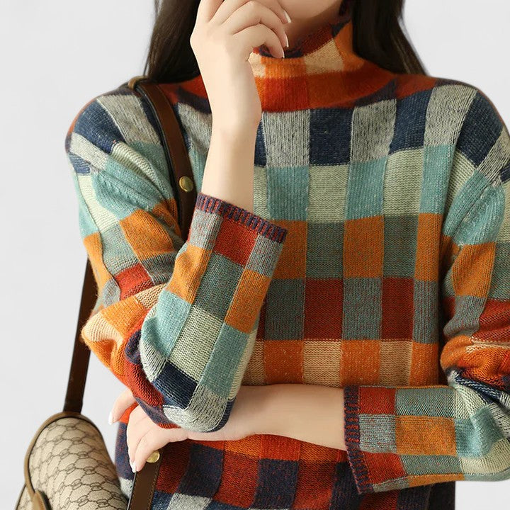 Marisol | Women's Multicolour Checkered Turtleneck Sweater