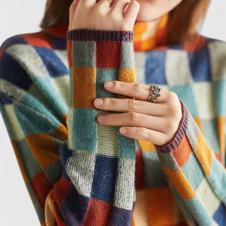 Marisol | Women's Multicolour Checkered Turtleneck Sweater