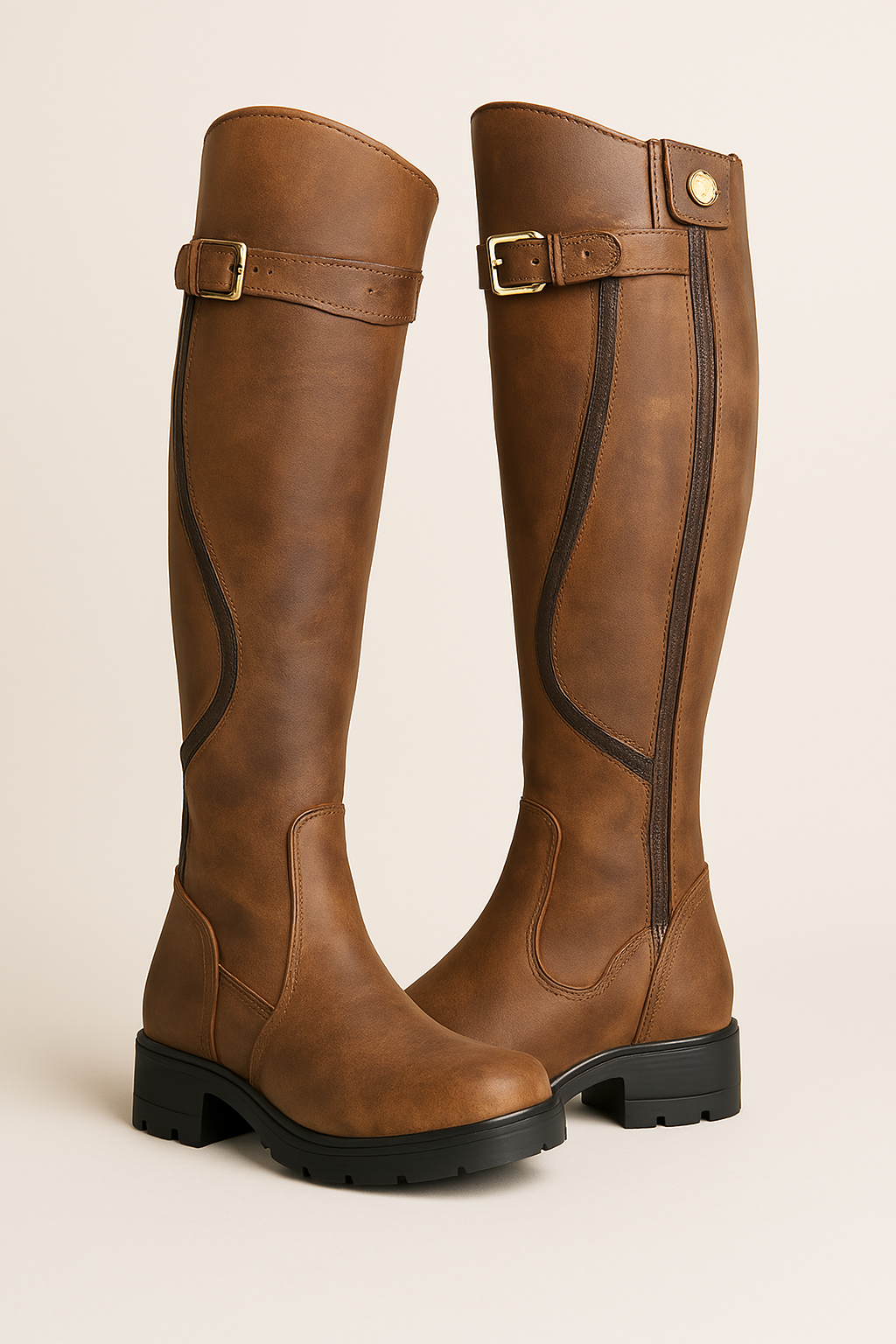 Hollis | Women's Knee High Riding Boots with Buckle Strap and Lug Sole