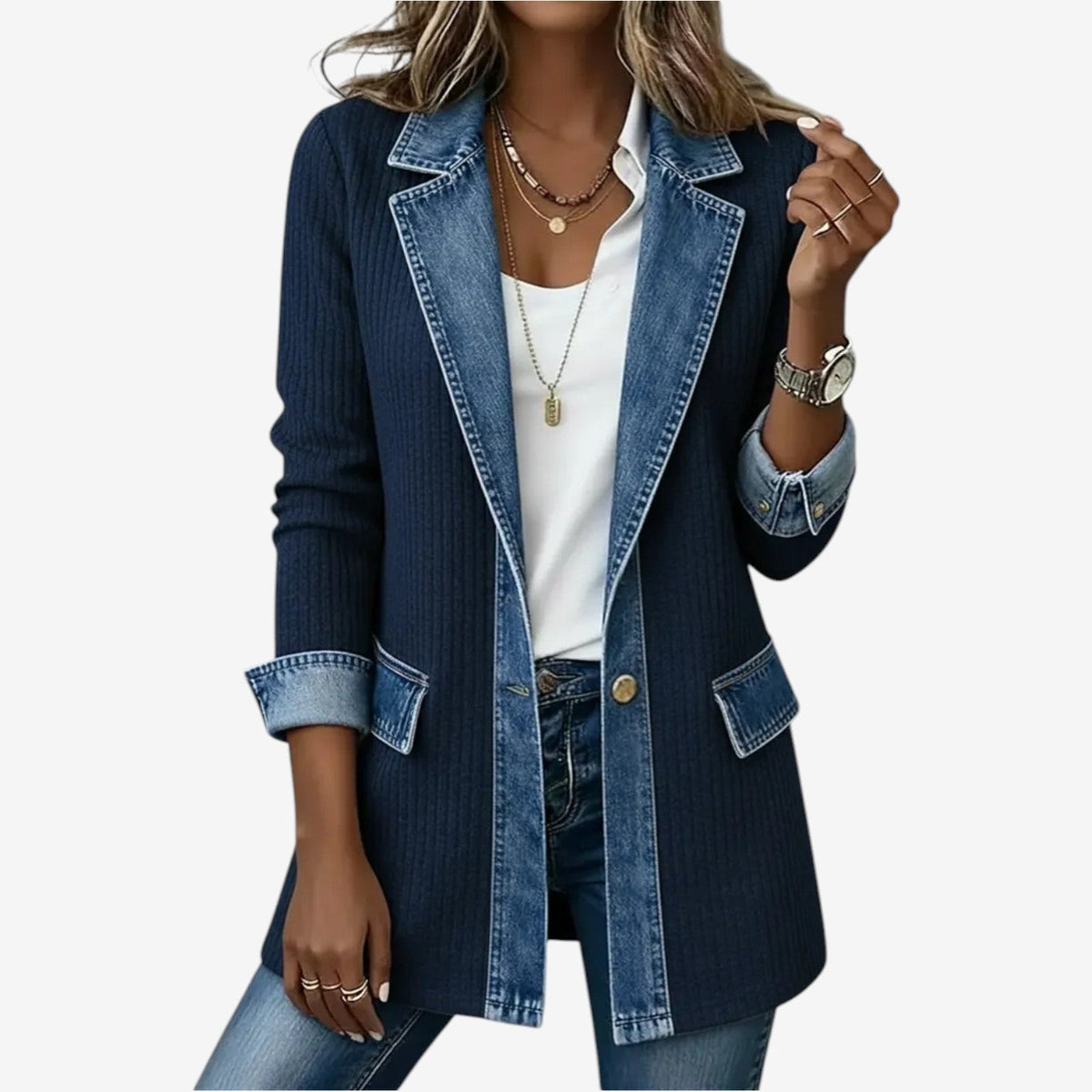 Wilhelmina | Women's Colorblock Ribbed Knit Denim Trim Jacket