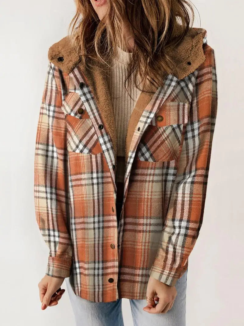Marigold | Women’s Plaid Flannel Hooded Shacket Jacket