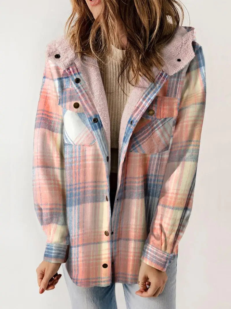 Marigold | Women’s Plaid Flannel Hooded Shacket Jacket