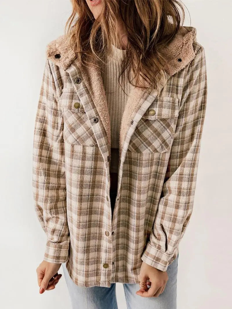 Marigold | Women’s Plaid Flannel Hooded Shacket Jacket