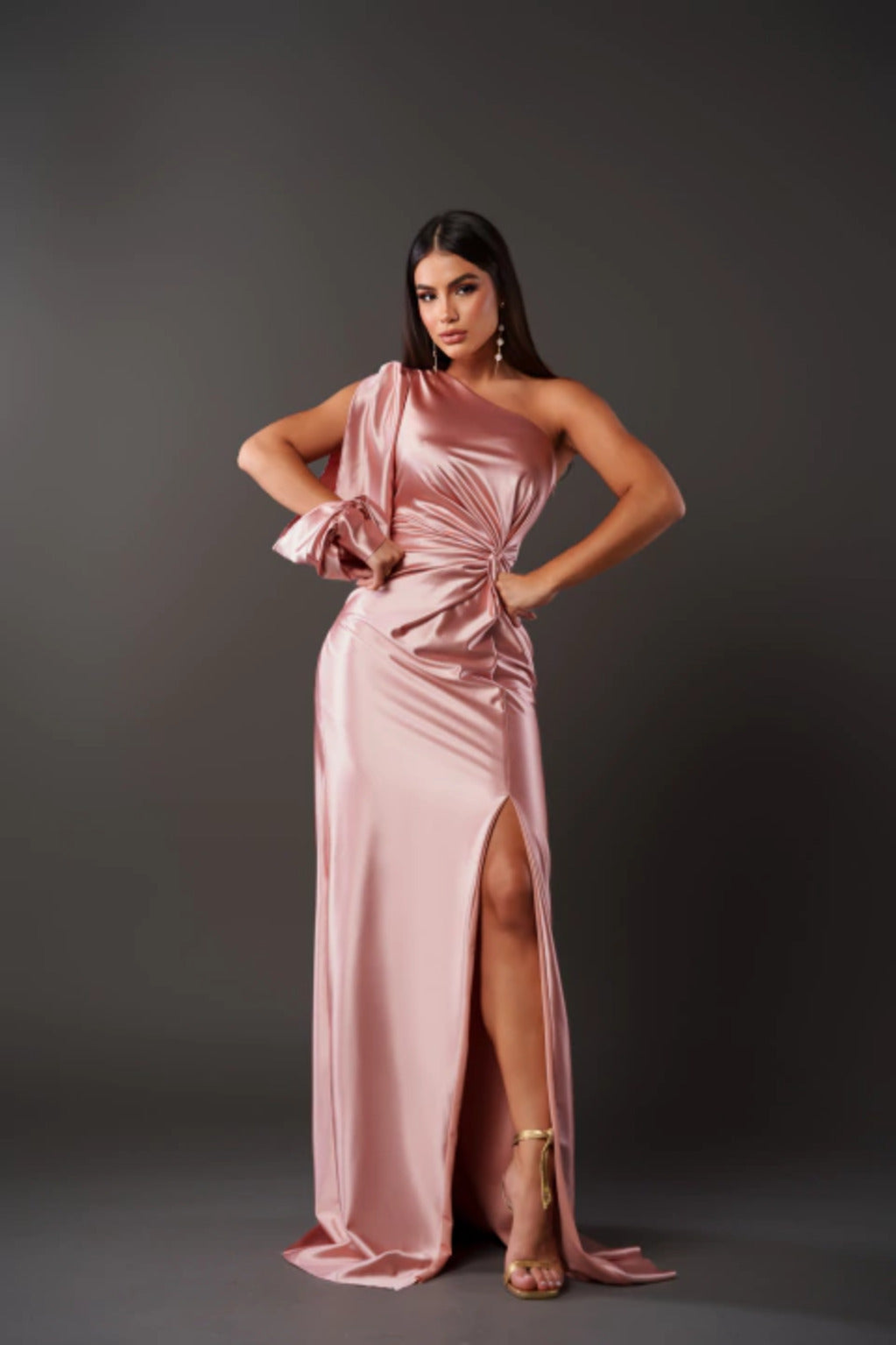 Satin One Shoulder Ruched Split Maxi Dress - Formal Evening Gown