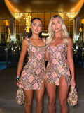 Aria | Women's Sequin Square Neck Print Homecoming Mini Dress