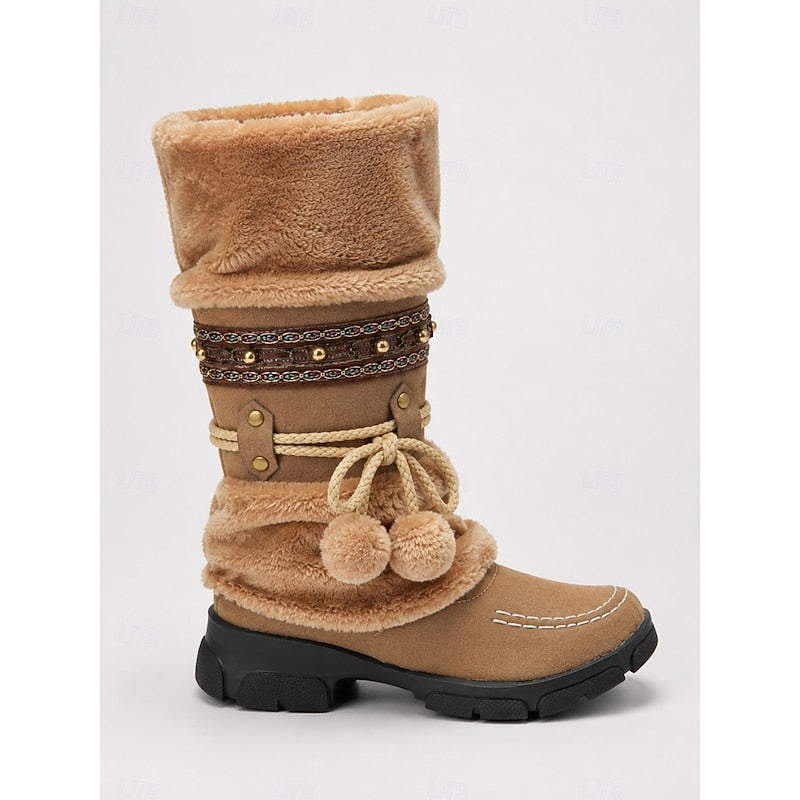 Cataleya | Women's Fur-Cuff Mid-Calf Boots with Boho Beaded Strap