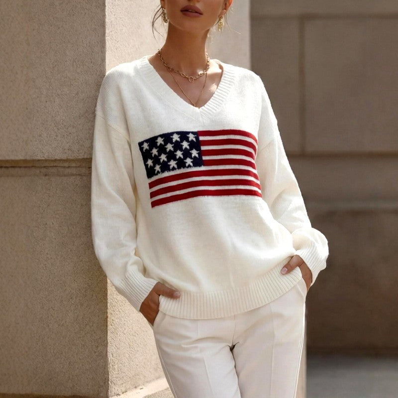 Marion | Women’s American Flag Knit V Neck Sweater