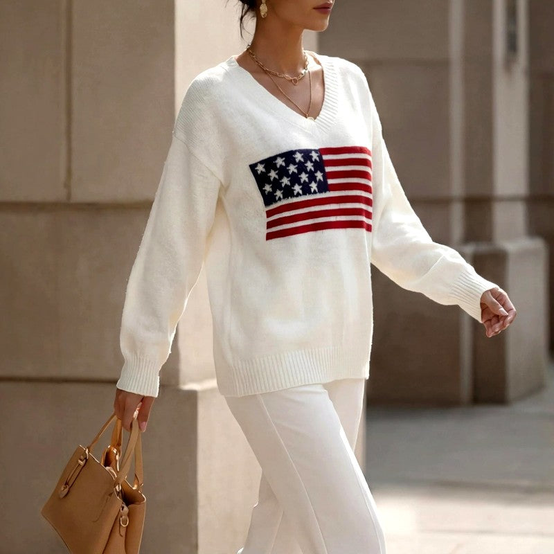Marion | Women’s American Flag Knit V Neck Sweater