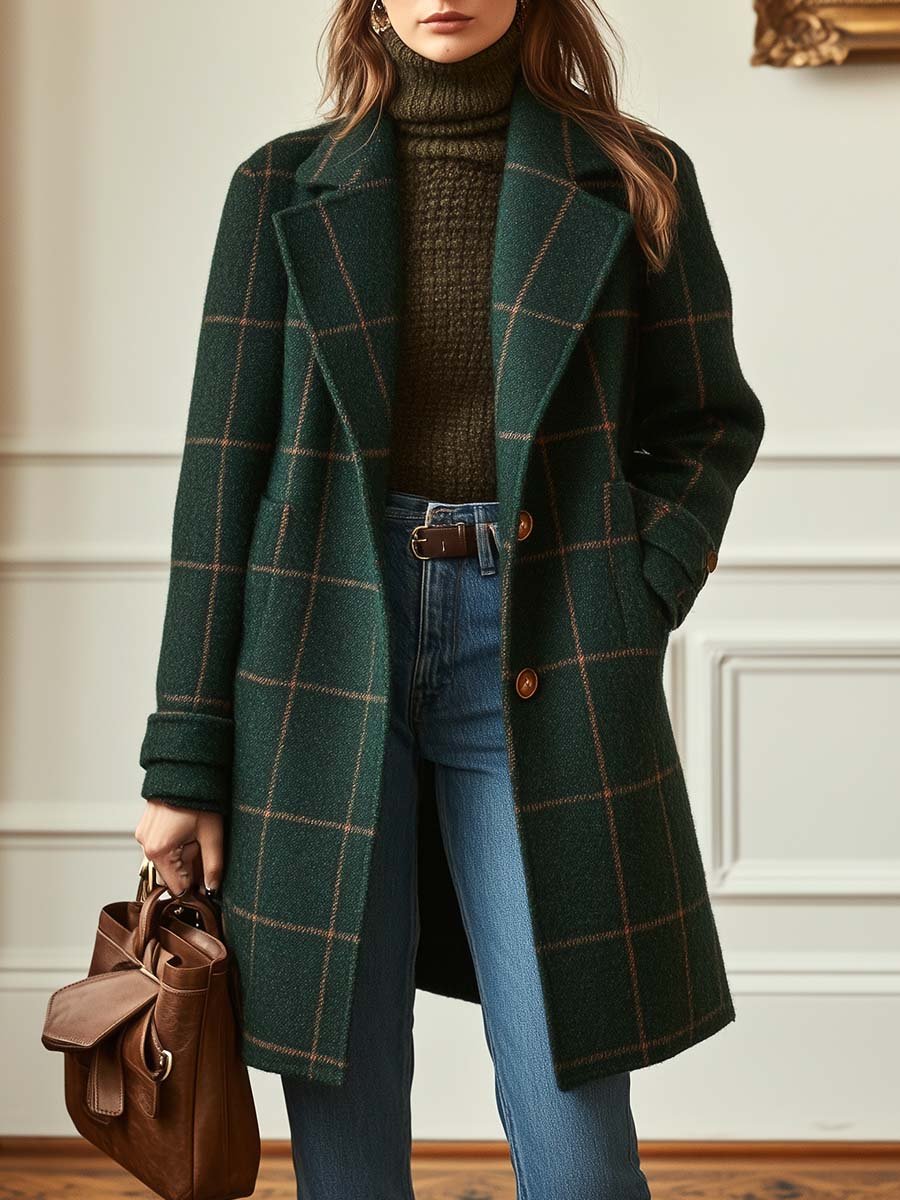 Genevieve | Women's Checked Wool Blend Tailored Longline Coat