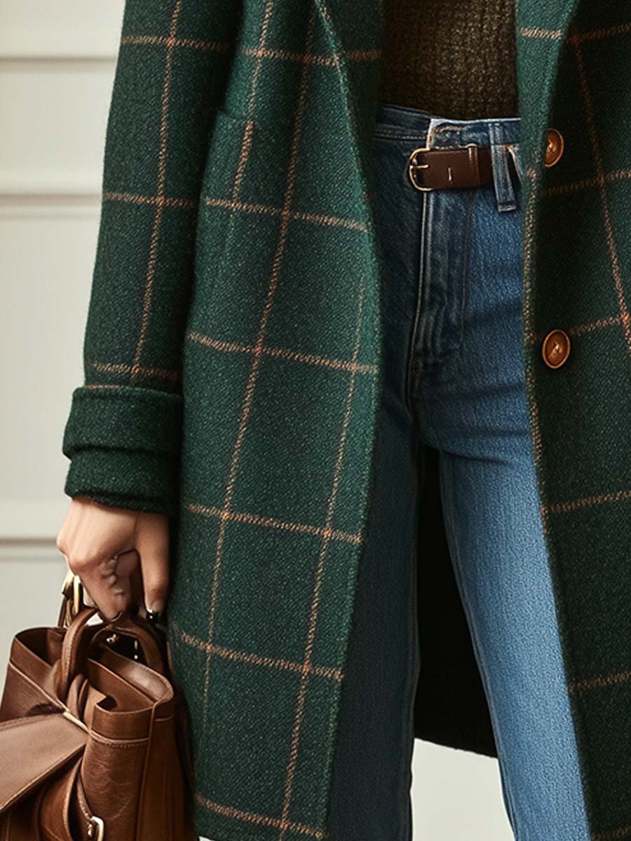 Genevieve | Women's Checked Wool Blend Tailored Longline Coat