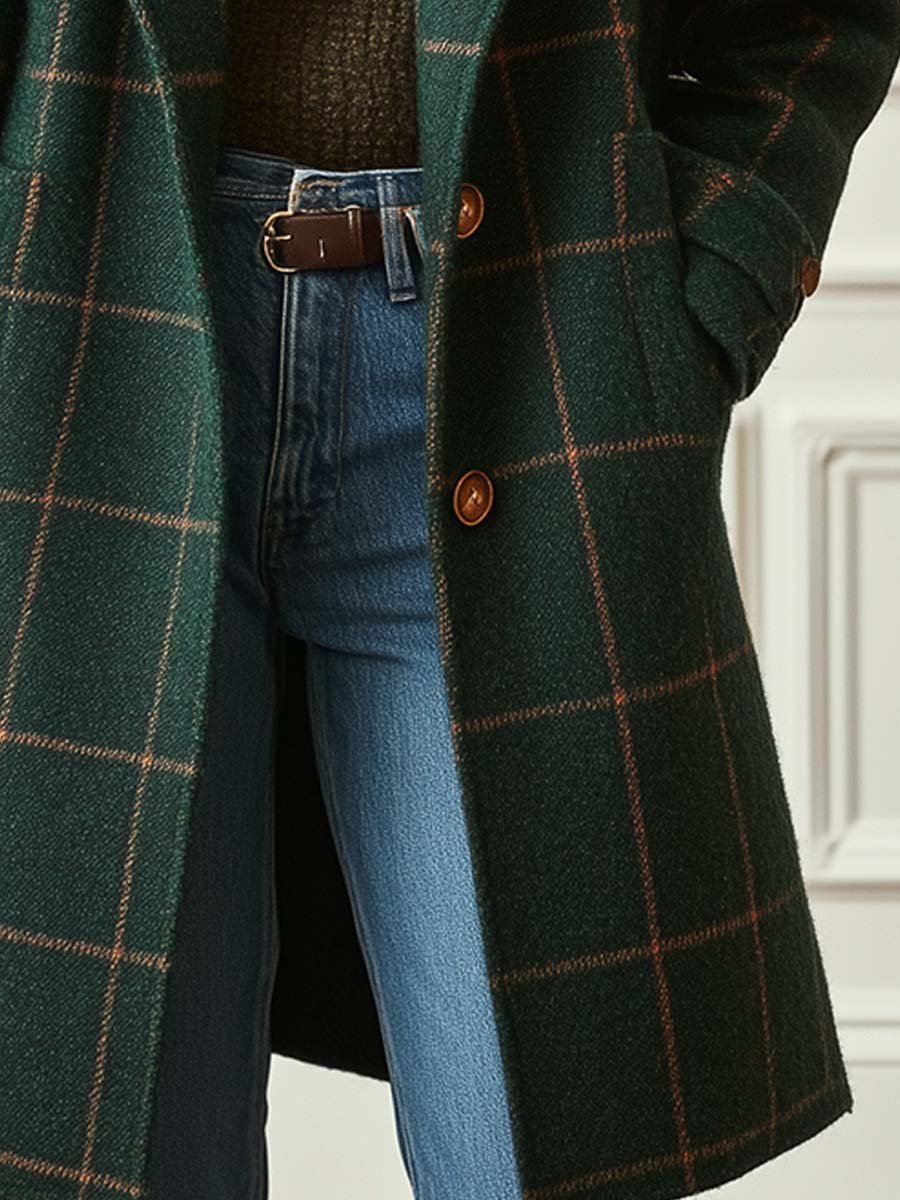 Genevieve | Women's Checked Wool Blend Tailored Longline Coat