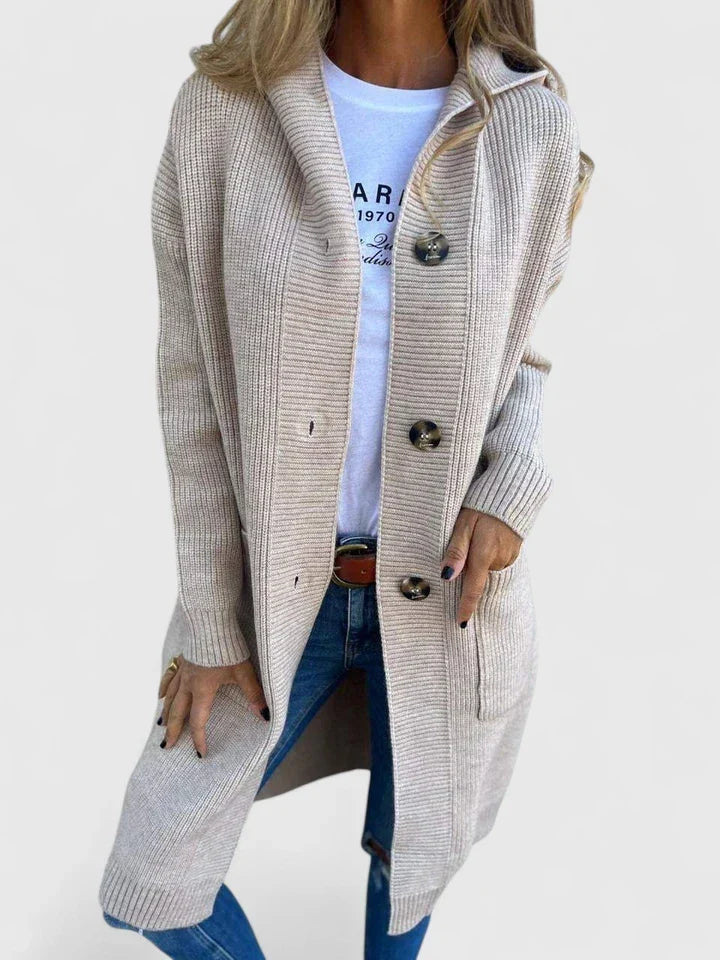 Nadia | Women's Longline Ribbed Duster Cardigan with Collar and Buttons