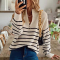 Luminitsa | Women's Striped Ribbed Knit Half Zip Sweater