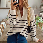 Luminitsa | Women's Striped Ribbed Knit Half Zip Sweater