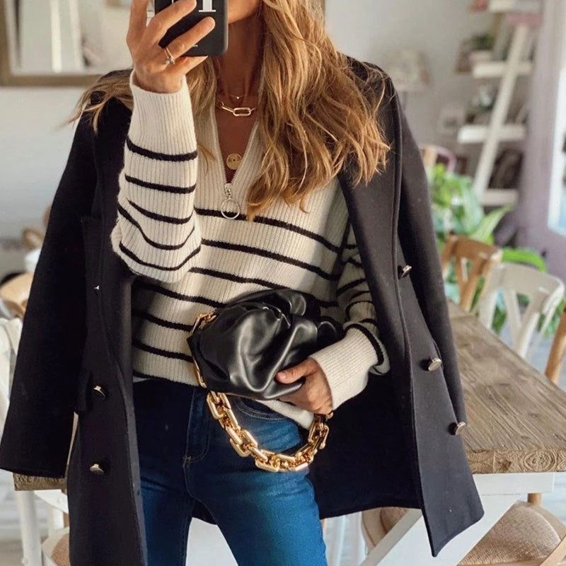 Luminitsa | Women's Striped Ribbed Knit Half Zip Sweater