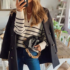Luminitsa | Women's Striped Ribbed Knit Half Zip Sweater