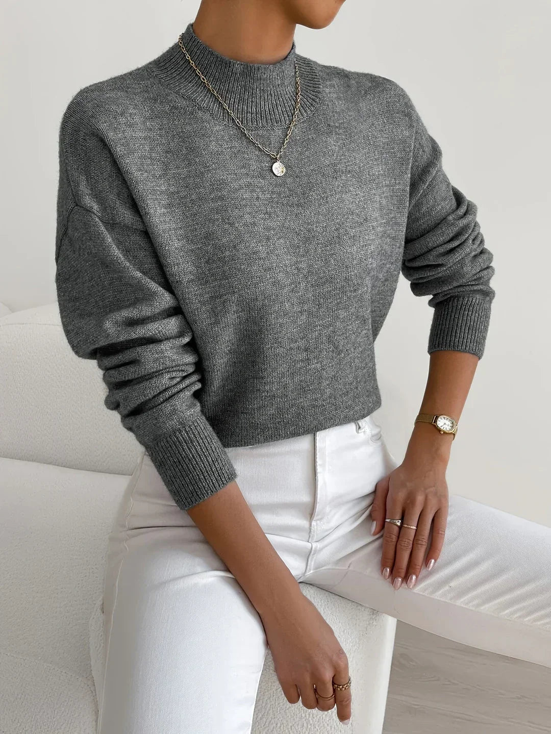 Turtle Neck Drop Shoulder Ribbed Cuff Soft Knit Sweater