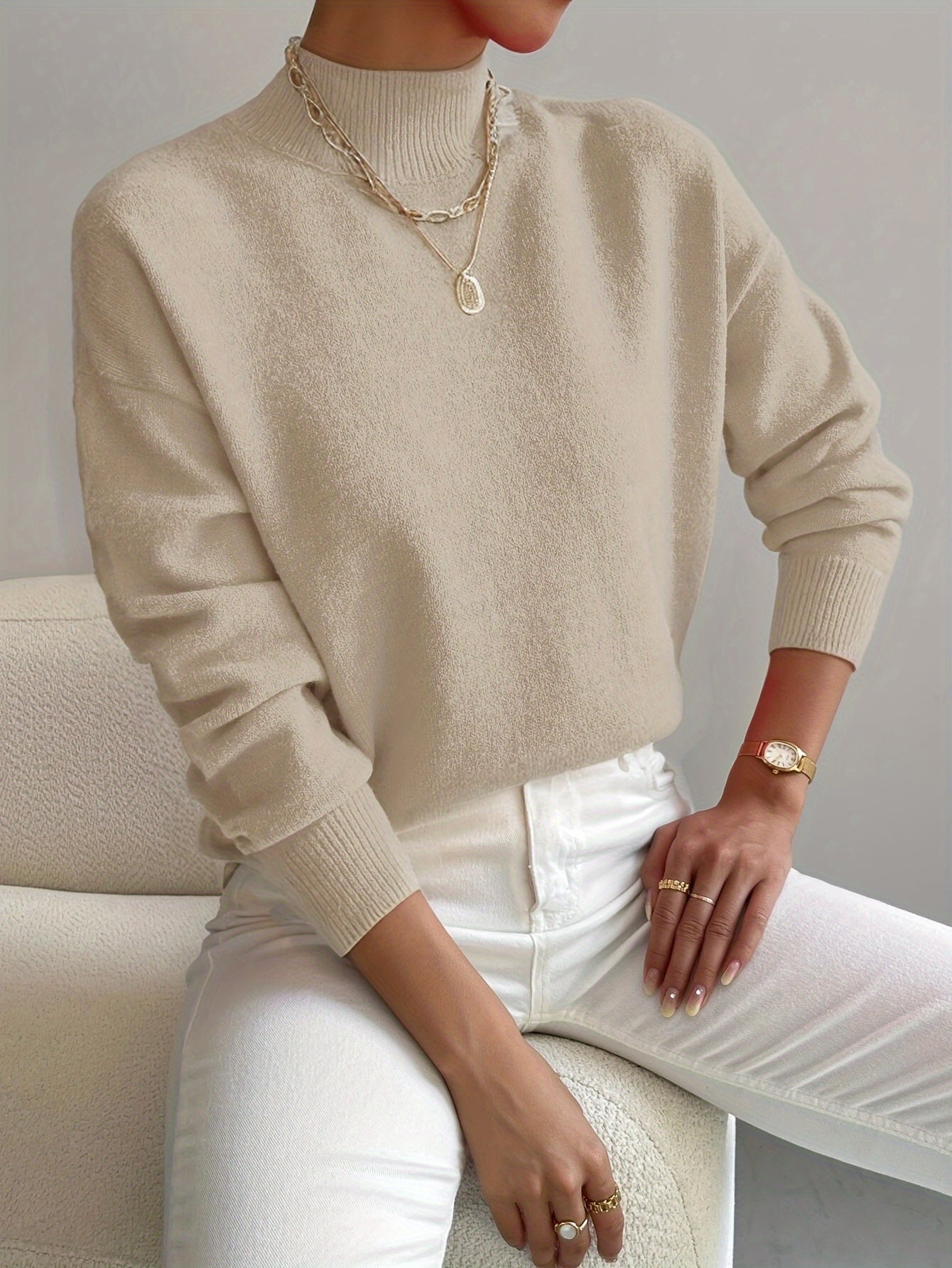 Turtle Neck Drop Shoulder Ribbed Cuff Soft Knit Sweater