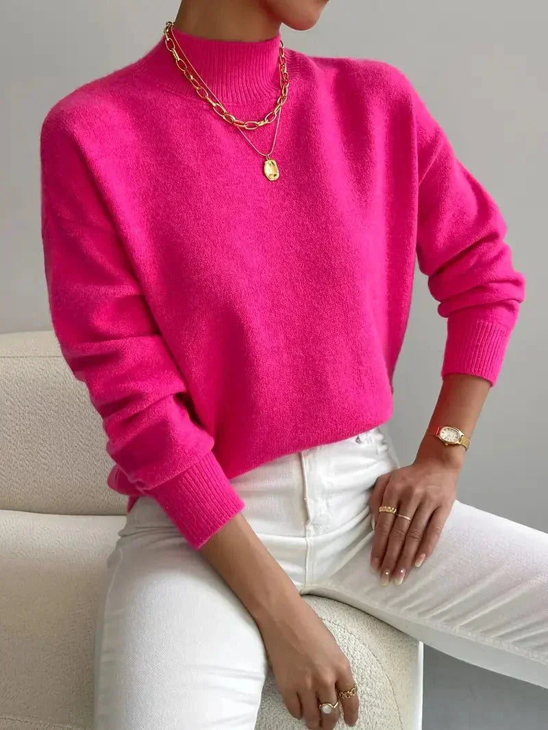 Turtle Neck Drop Shoulder Ribbed Cuff Soft Knit Sweater