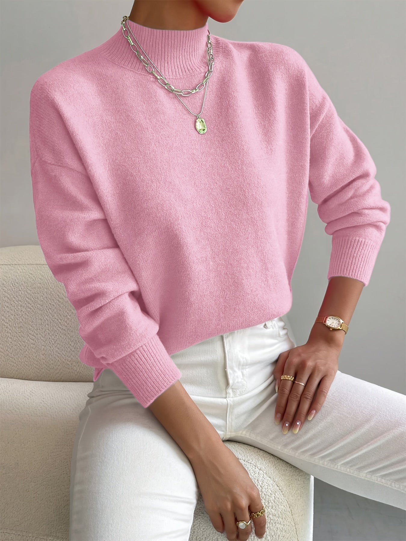 Turtle Neck Drop Shoulder Ribbed Cuff Soft Knit Sweater